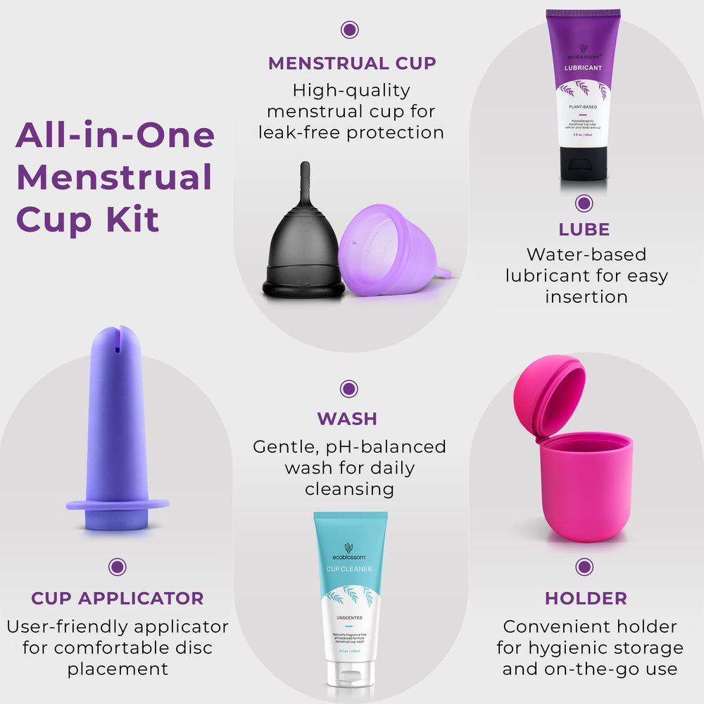 EcoBlossom menstrual cups in small and large sizes for customizable fit.