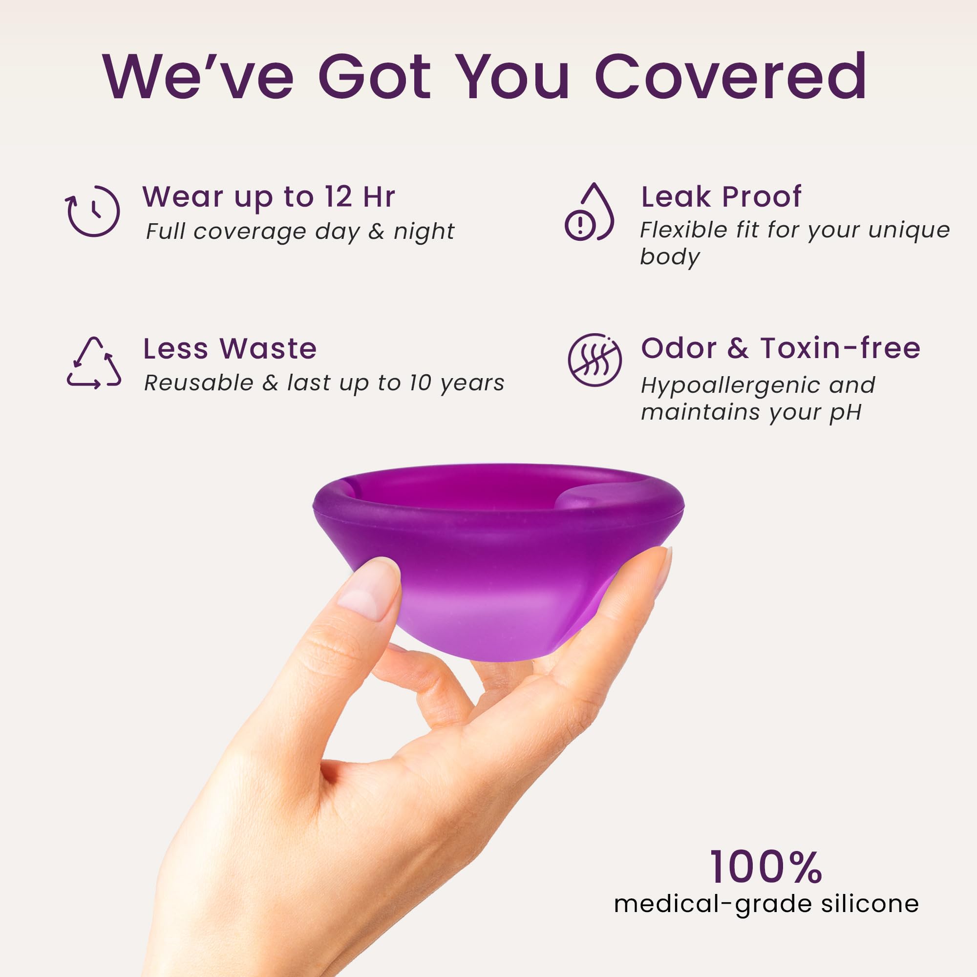 EcoBlossom medical-grade silicone disc large violet with insertion view.