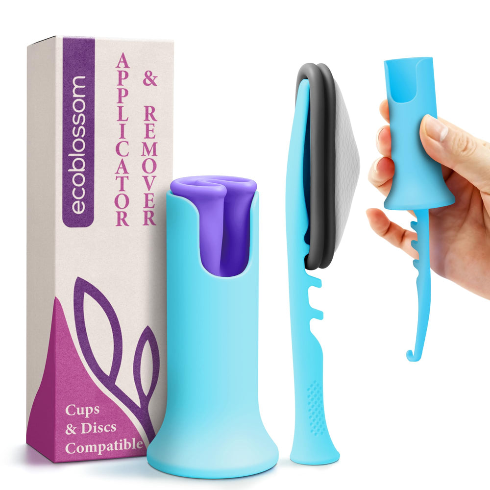 EcoBlossom menstrual cup applicator with teal handle for easy insertion.