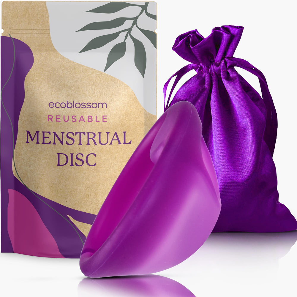 EcoBlossom reusable menstrual disc large violet with tab for easy insertion.
