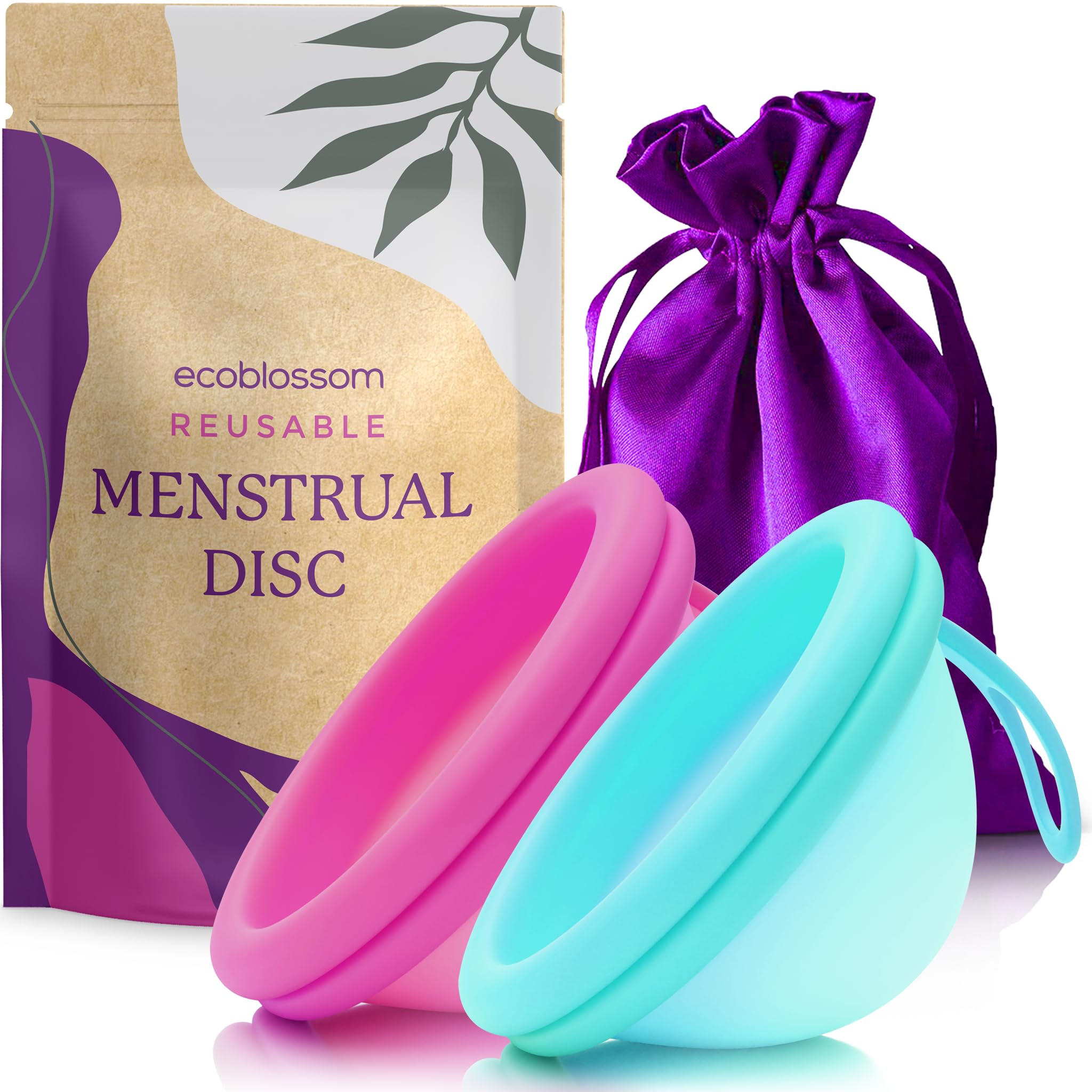 EcoBlossom reusable menstrual disc with removal string resting for up to 12 hours of protection.
