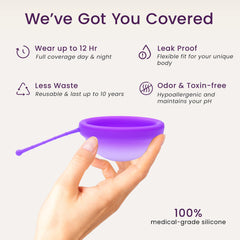 EcoBlossom period disc in use, small violet, for all-day comfort and leak-free protection.