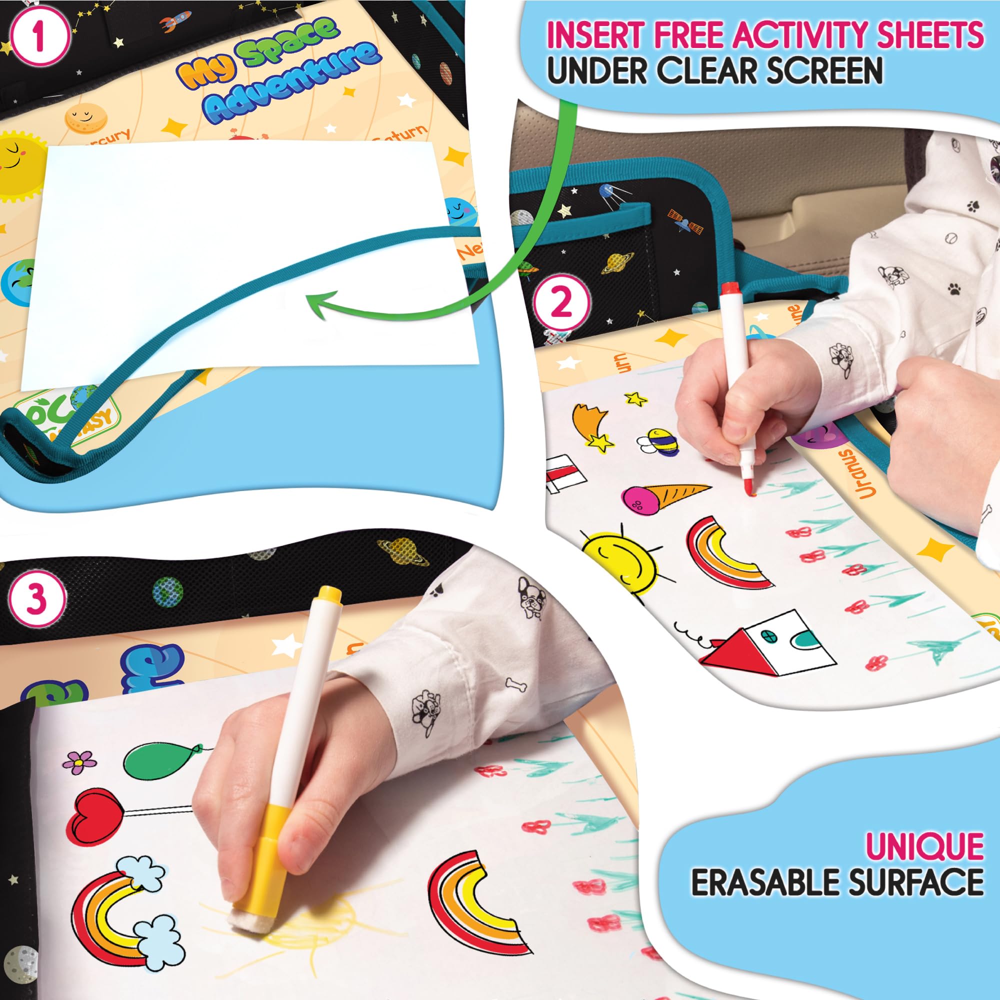 ECOFANTASY car seat tray downloadable sheets provide extra learning on the go.