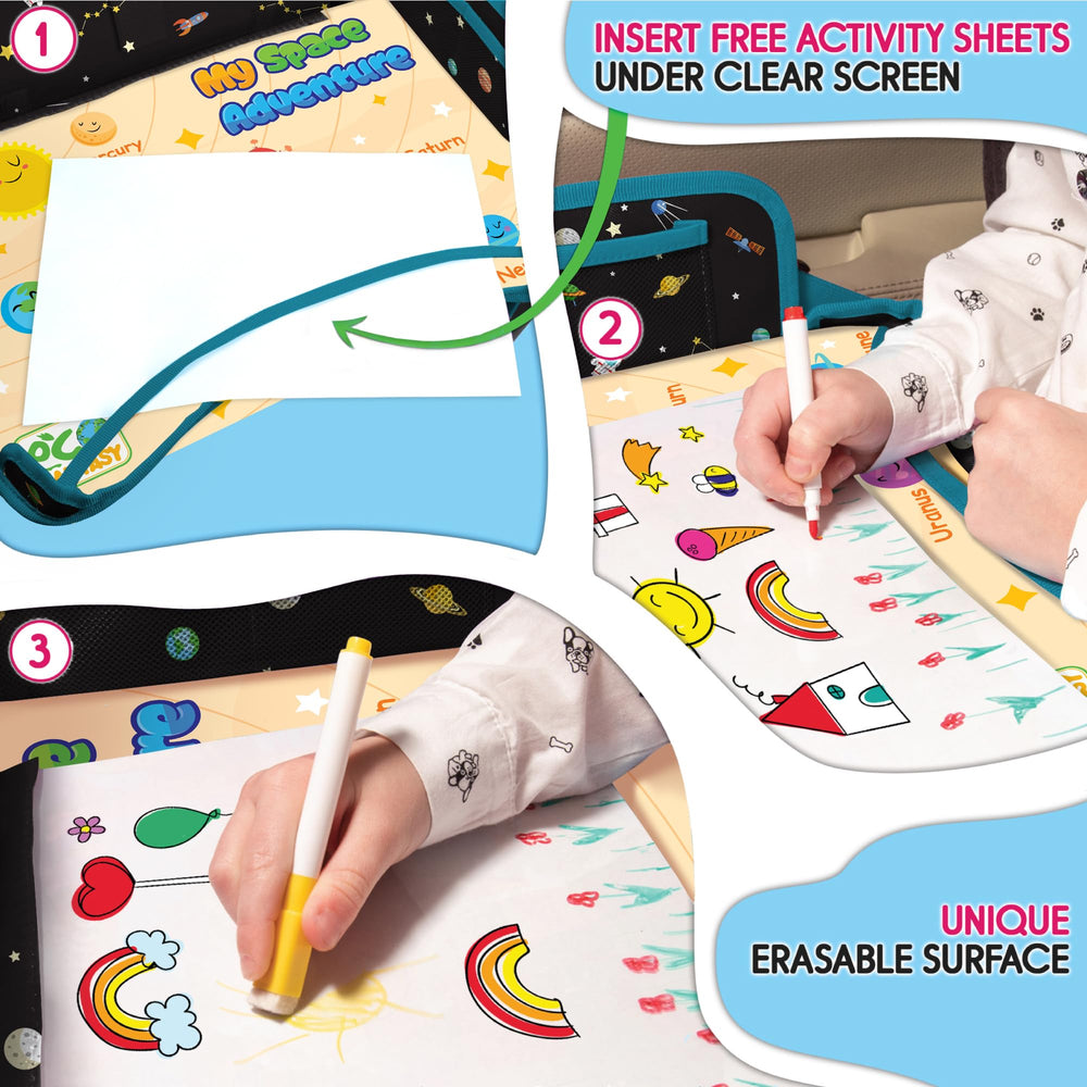 ECOFANTASY car seat tray downloadable sheets provide extra learning on the go.