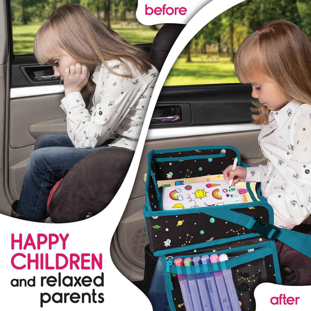ECOFANTASY car seat tray large pocket stores papers, wipes, and small gear.