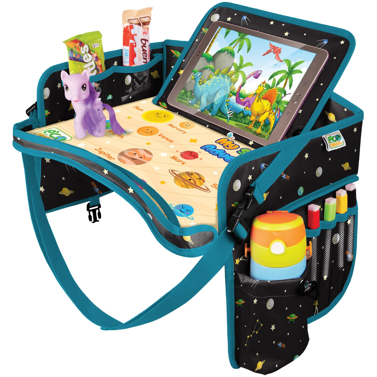 ECOFANTASY car seat tray waterproof surface keeps snacks and art supplies tidy during trips.