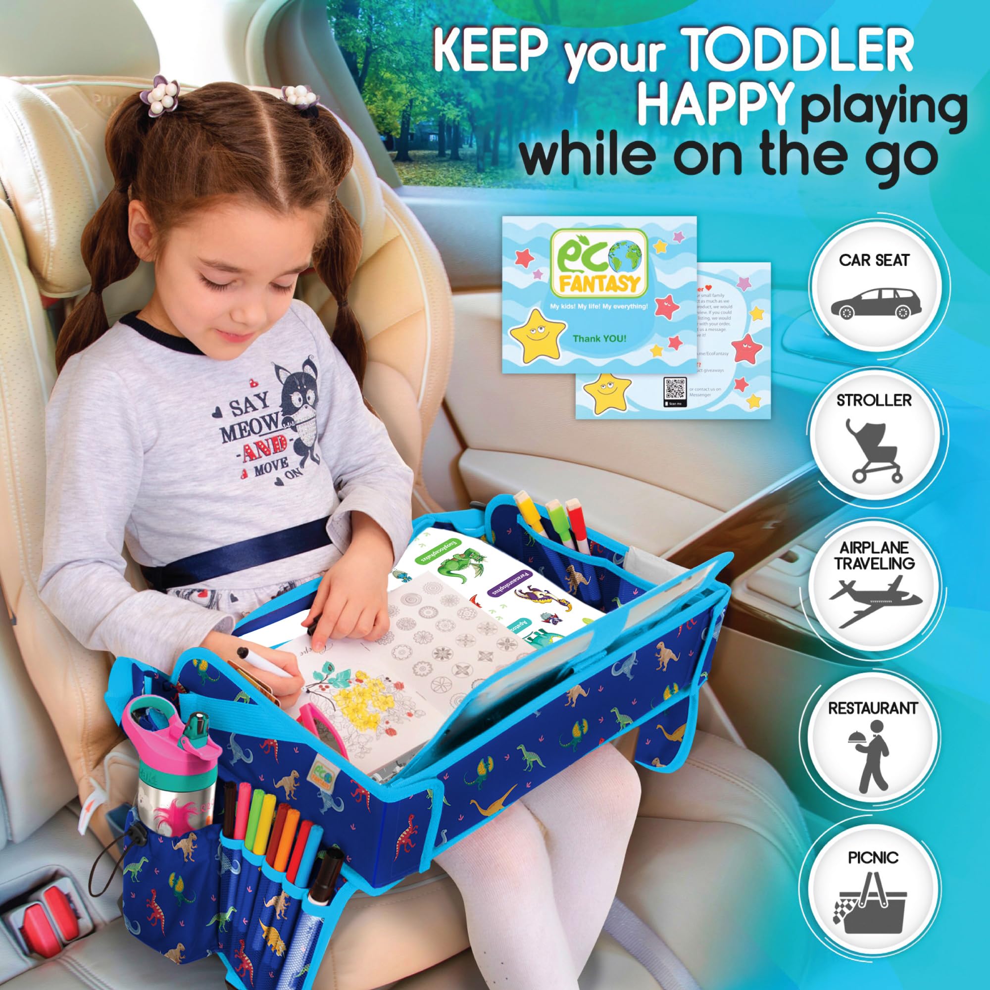ECOFANTASY travel tray side pockets store crayons, snacks, and small games.
