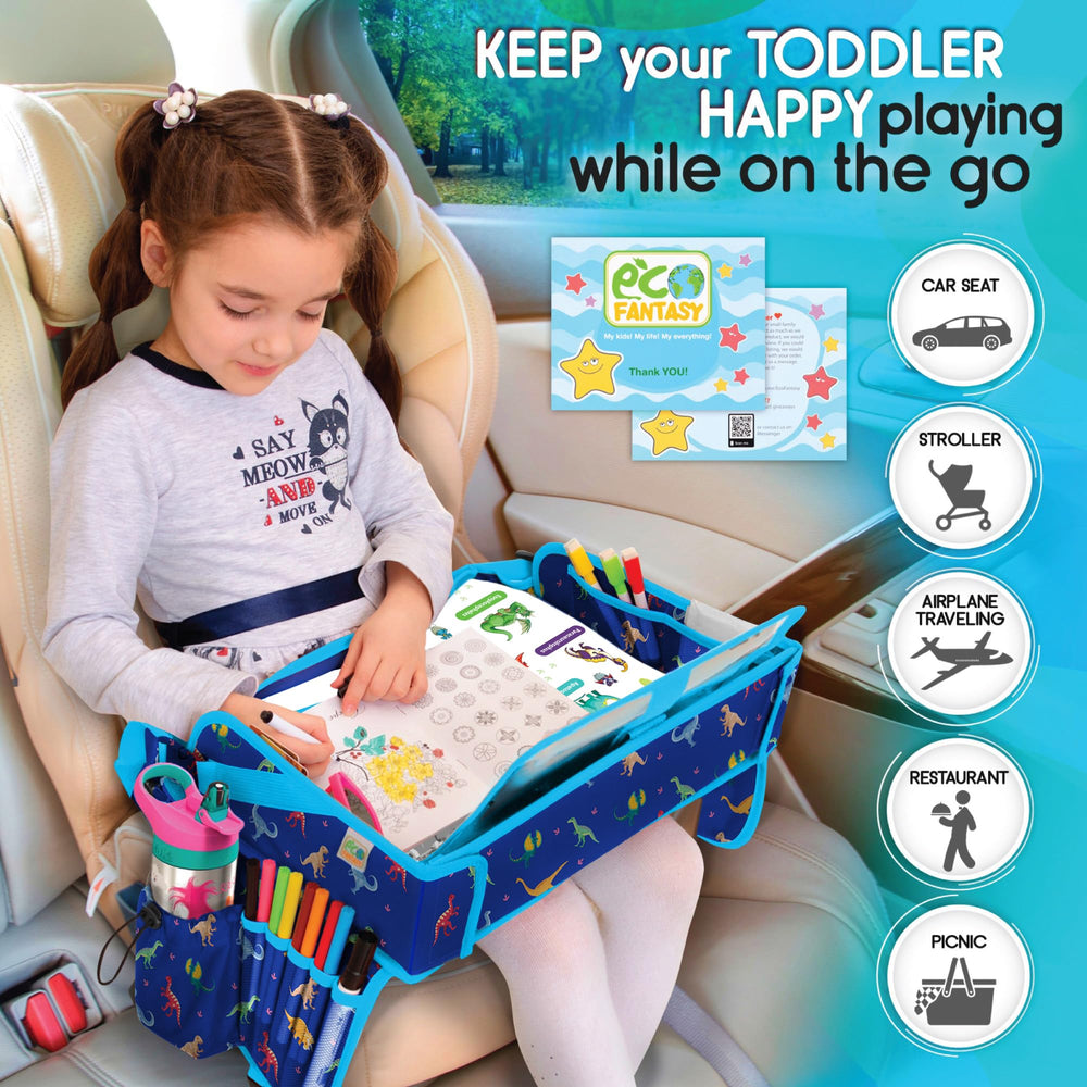 ECOFANTASY travel tray side pockets store crayons, snacks, and small games.