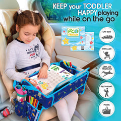 ECOFANTASY travel tray side pockets store crayons, snacks, and small games.
