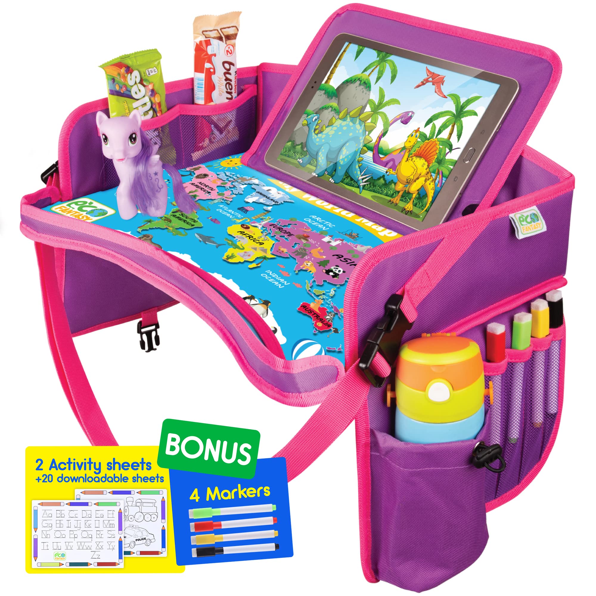 ECOFANTASY Kids Travel Tray with world map top view keeps toys organized.