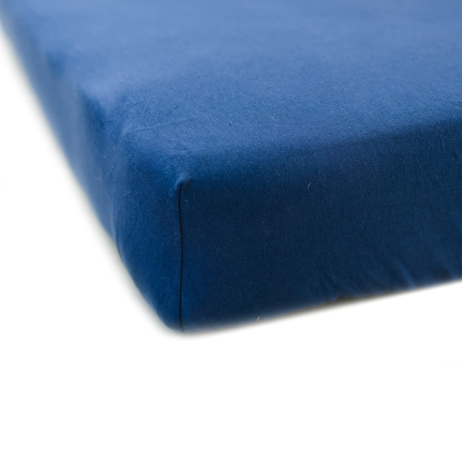 Ecolino fitted crib sheet in navy fits standard cribs securely and coordinates with nursery decor.