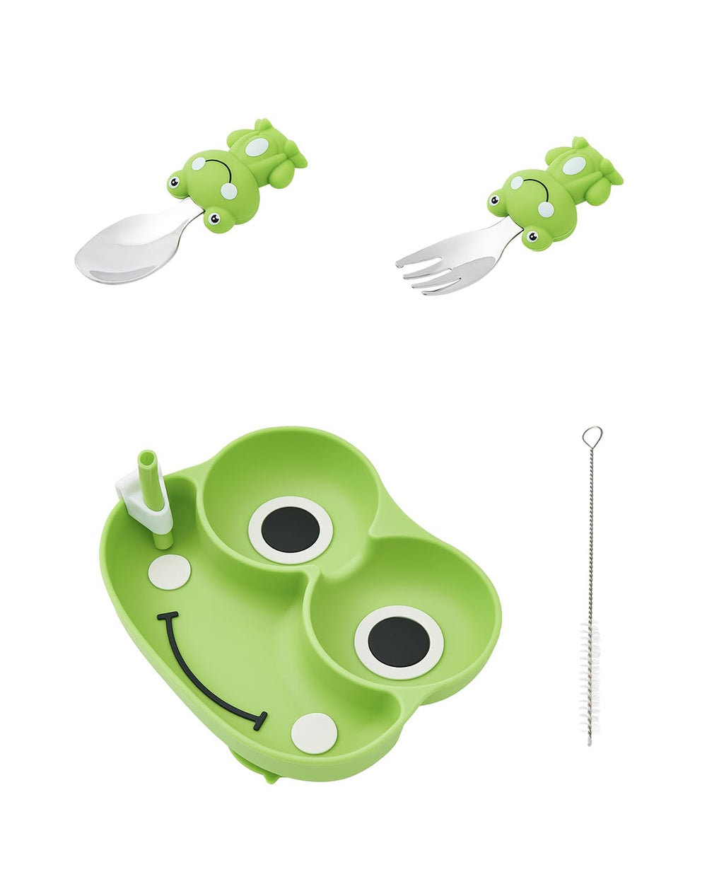 Ecrekhom frog-shaped plates and utensils attract attention for independent feeding.