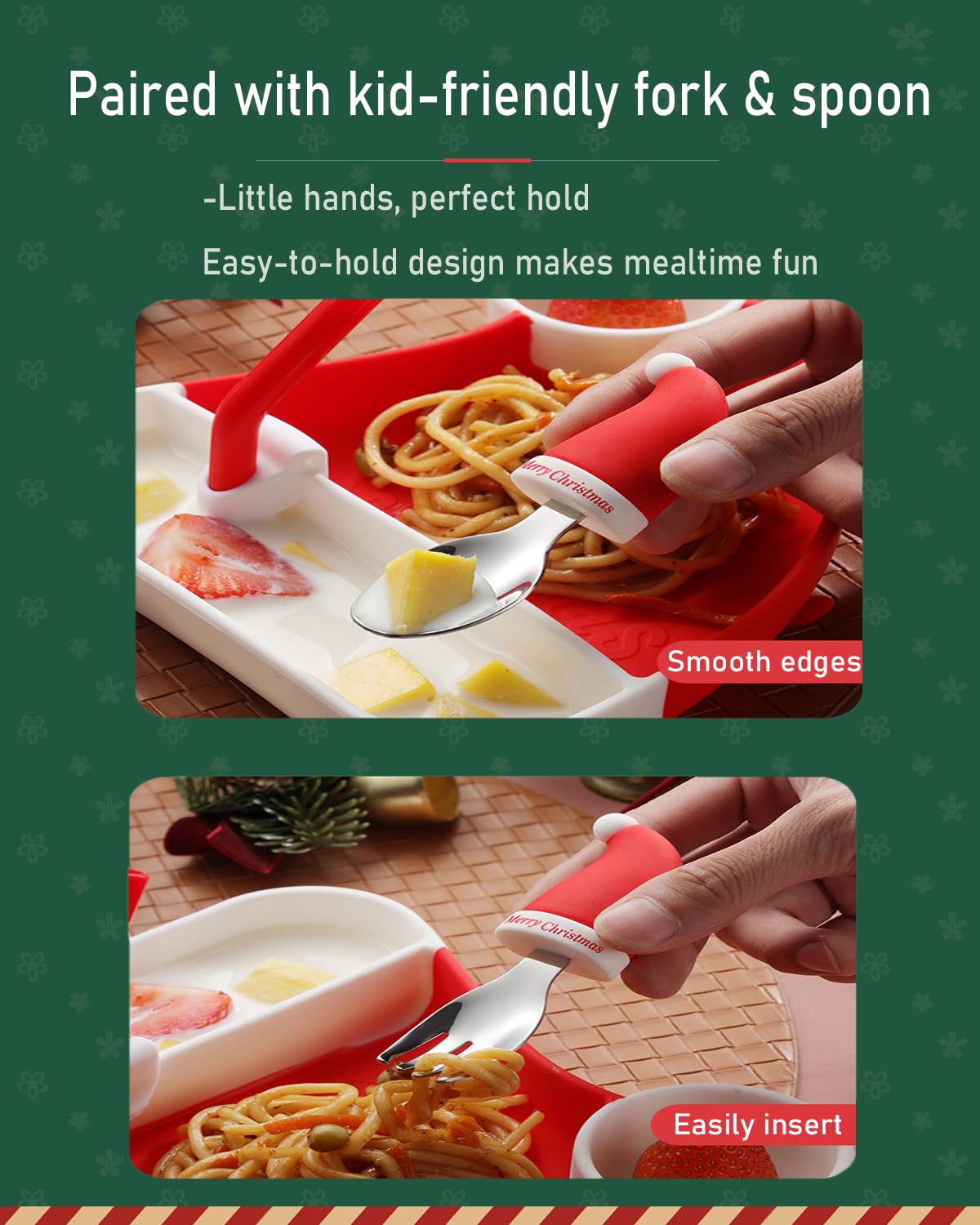 Ergonomic spoon with easy-grip handle supports little hands during feeding.