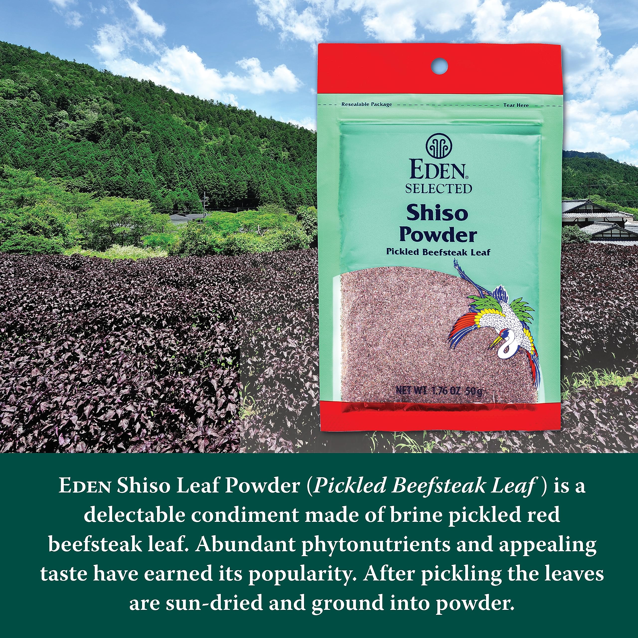 Eden Shiso Leaf Powder over roasted vegetables, brightens the dish.