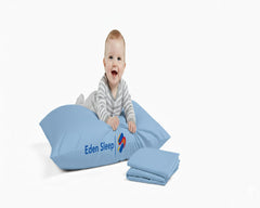 Eden Sleep toddler travel pillow case in light blue with zipper closure for secure travel use.