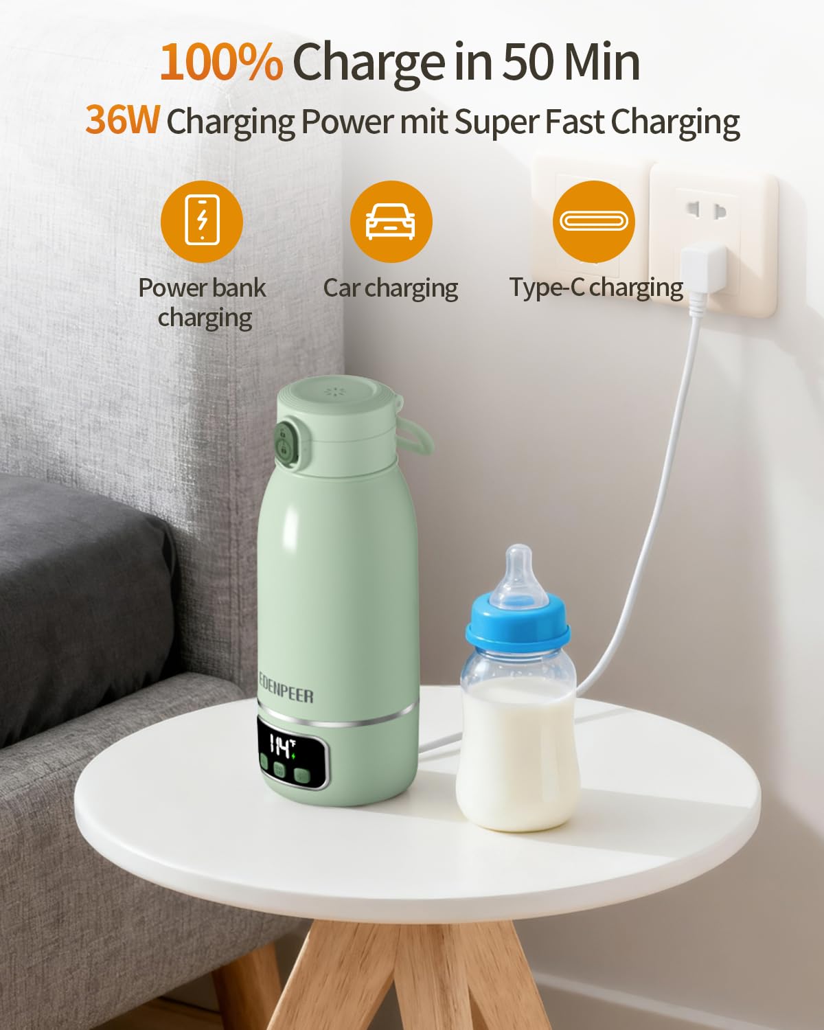 EDENPEER fast charging powers the warmer for on-the-go use.