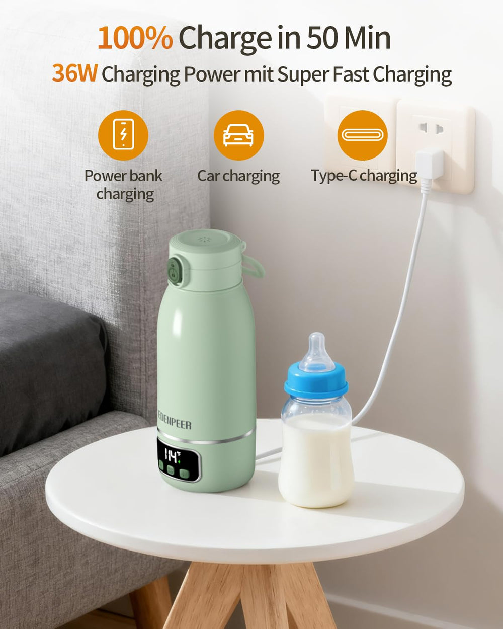 EDENPEER fast charging powers the warmer for on-the-go use.