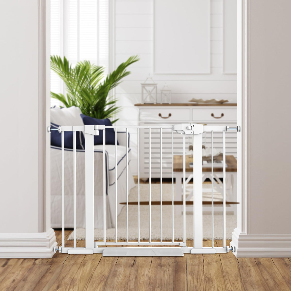 Edmyre Easy Step walk-thru gate front view, safe barrier for babies and pets