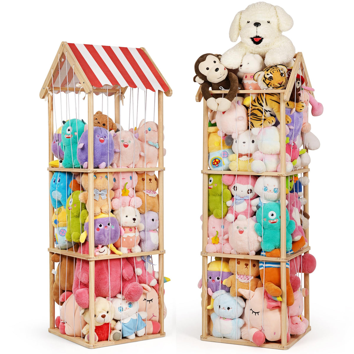 Edudif stuffed animal storage in wood cottage style, front view showing accessible shelves.