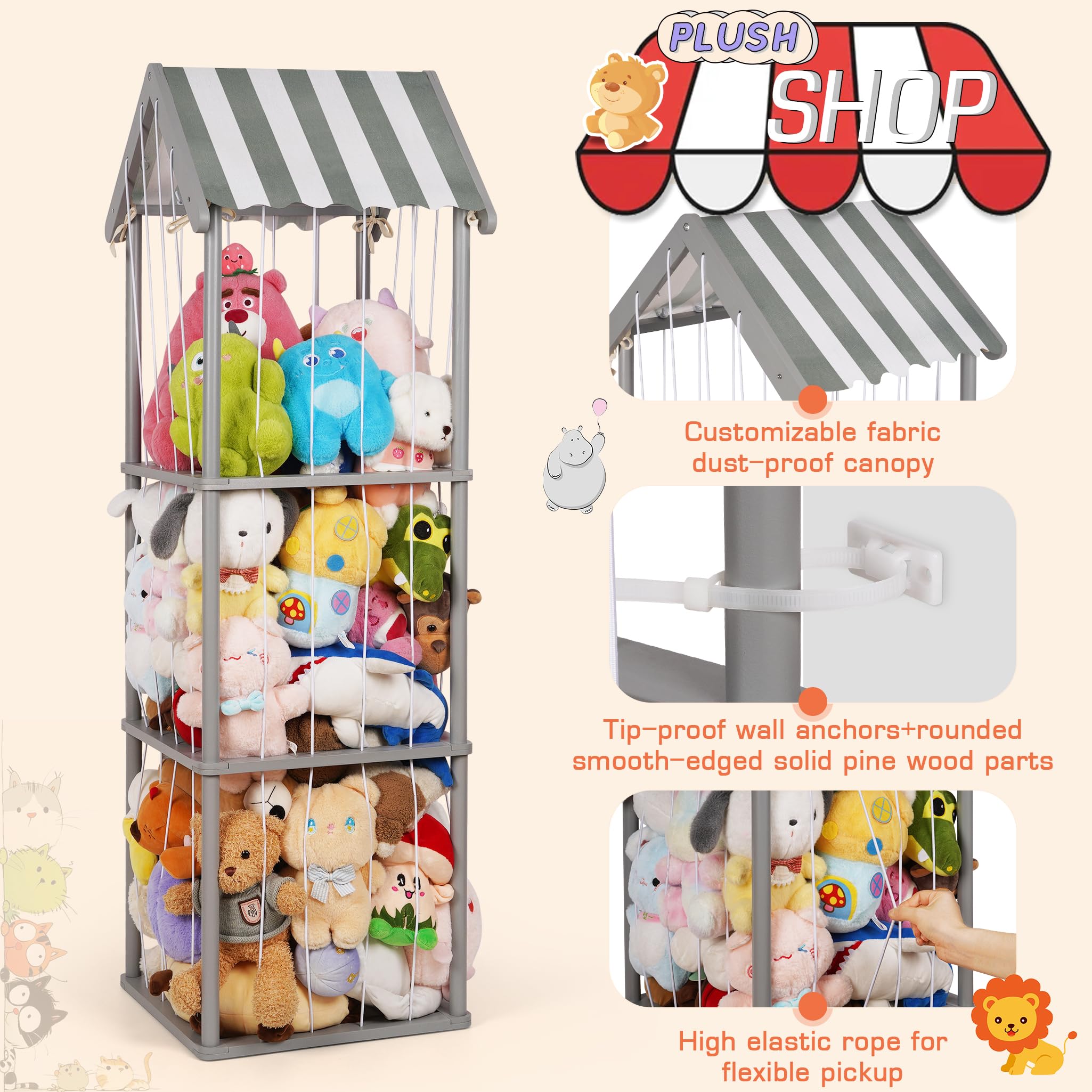 Edudif storage with removable canopy enables customizable plush zoo display.