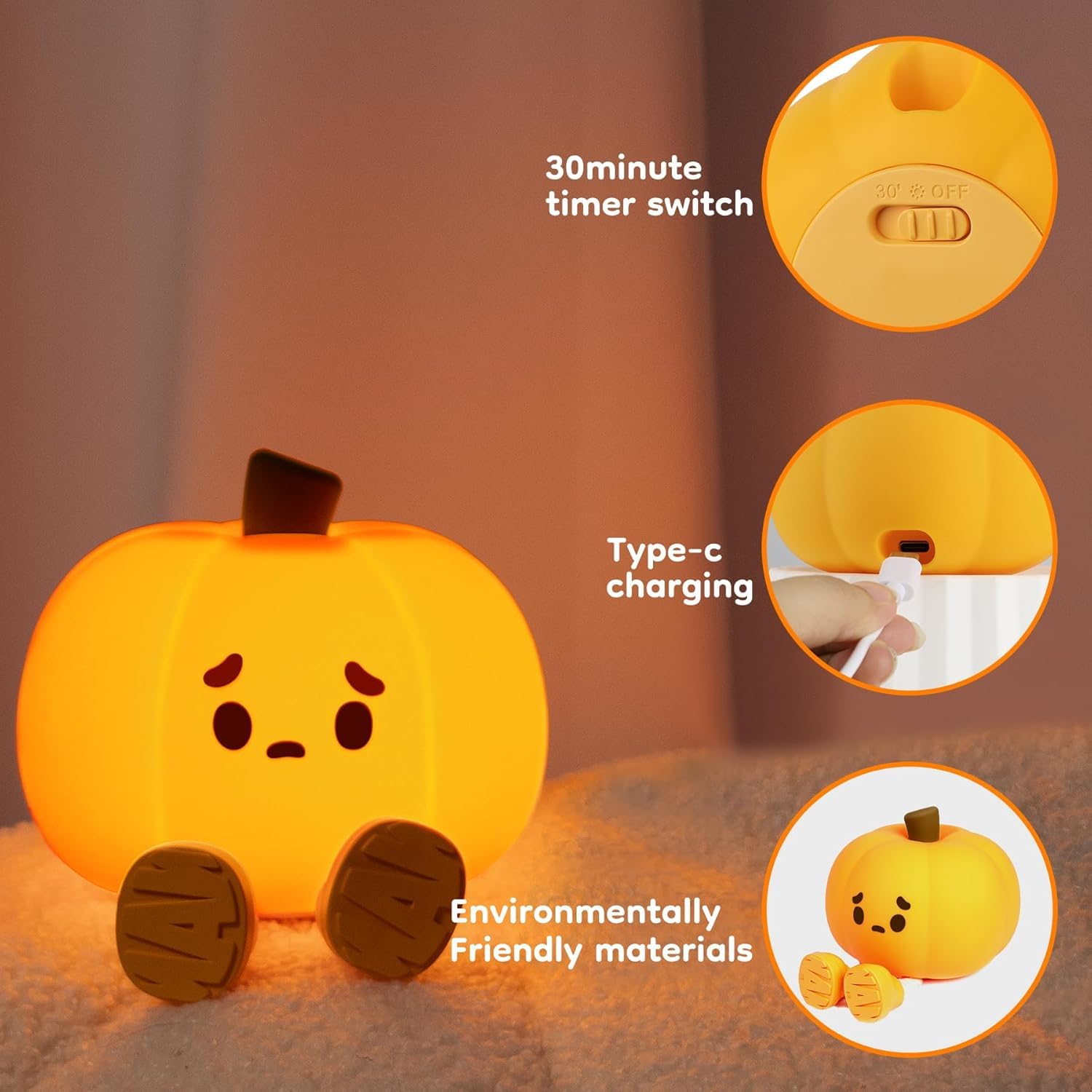 EEKEDO pumpkin night light, dimmable glow ideal for late-night feeding pauses.