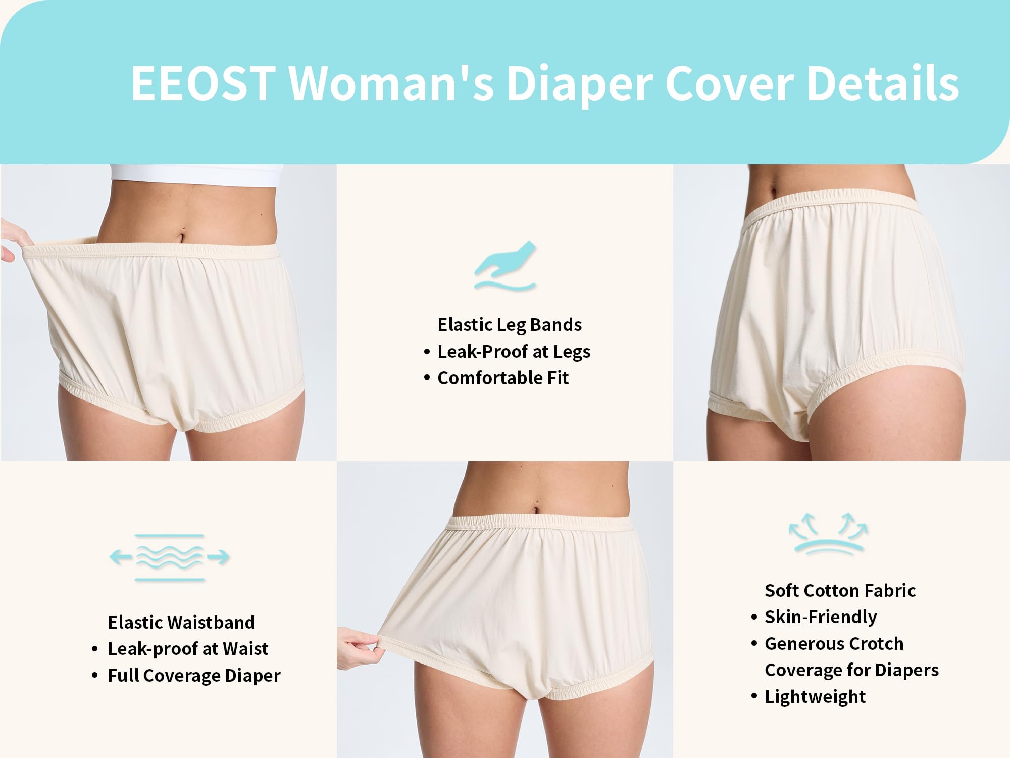 EEOST diaper cover features elastic waist and leg bands for secure fit