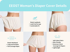 EEOST diaper cover features elastic waist and leg bands for secure fit