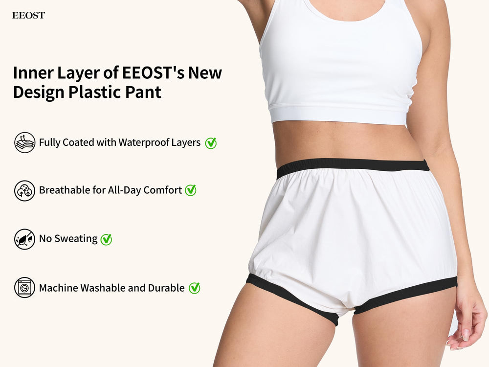 EEOST women's plastic pants elastic waistband and leg bands for better containment.