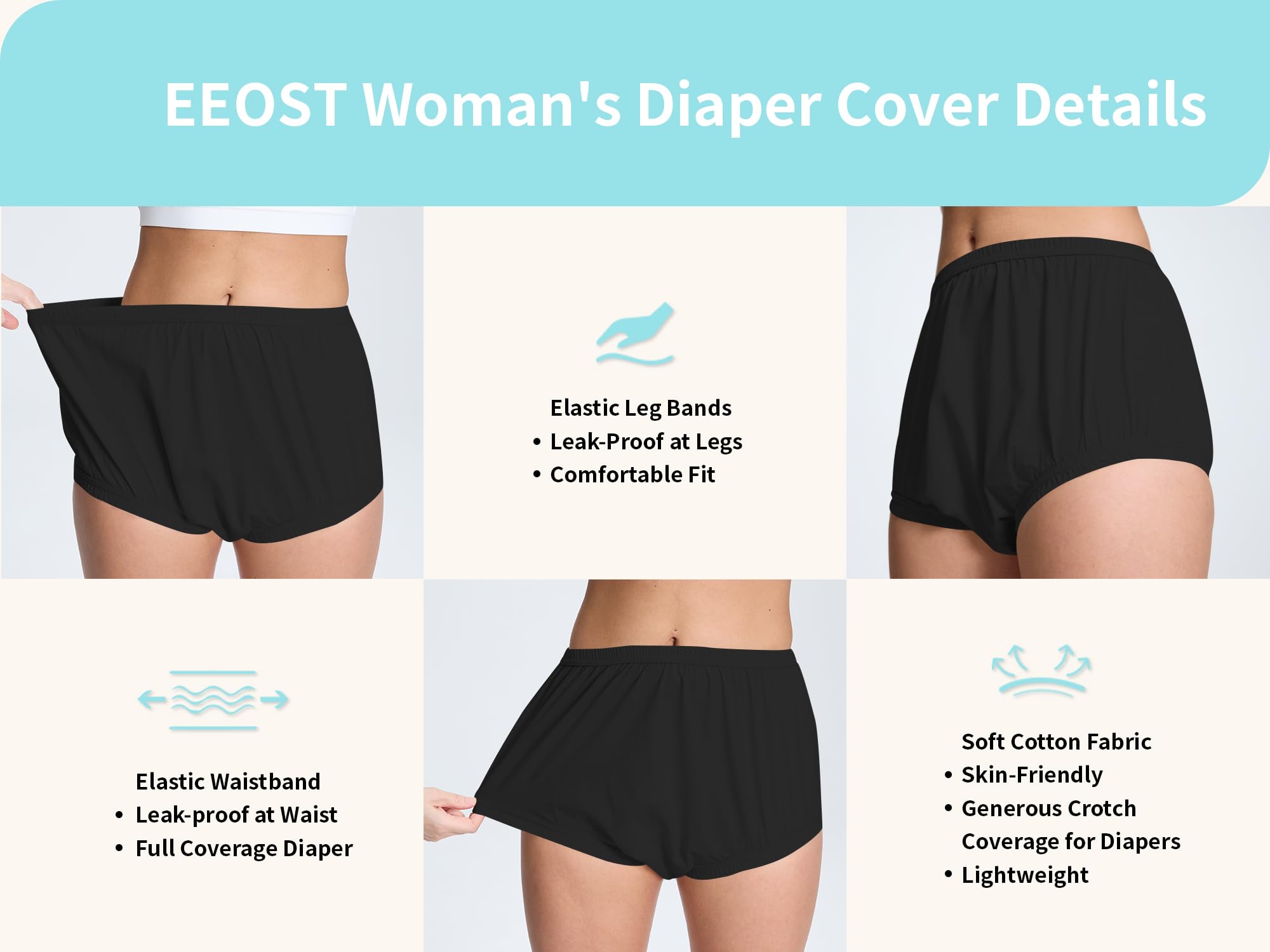 EEOST women's plastic pants close-up showing skin-friendly cotton against the skin.
