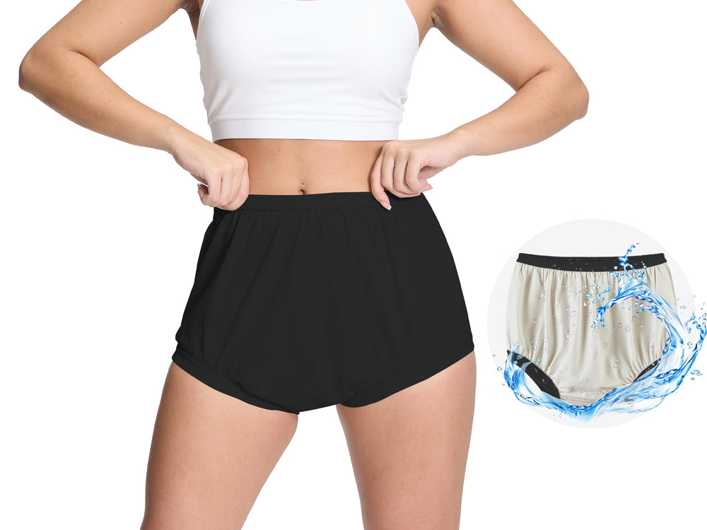 EEOST women's plastic pants with waterproof cover, front view, for discreet leak protection.