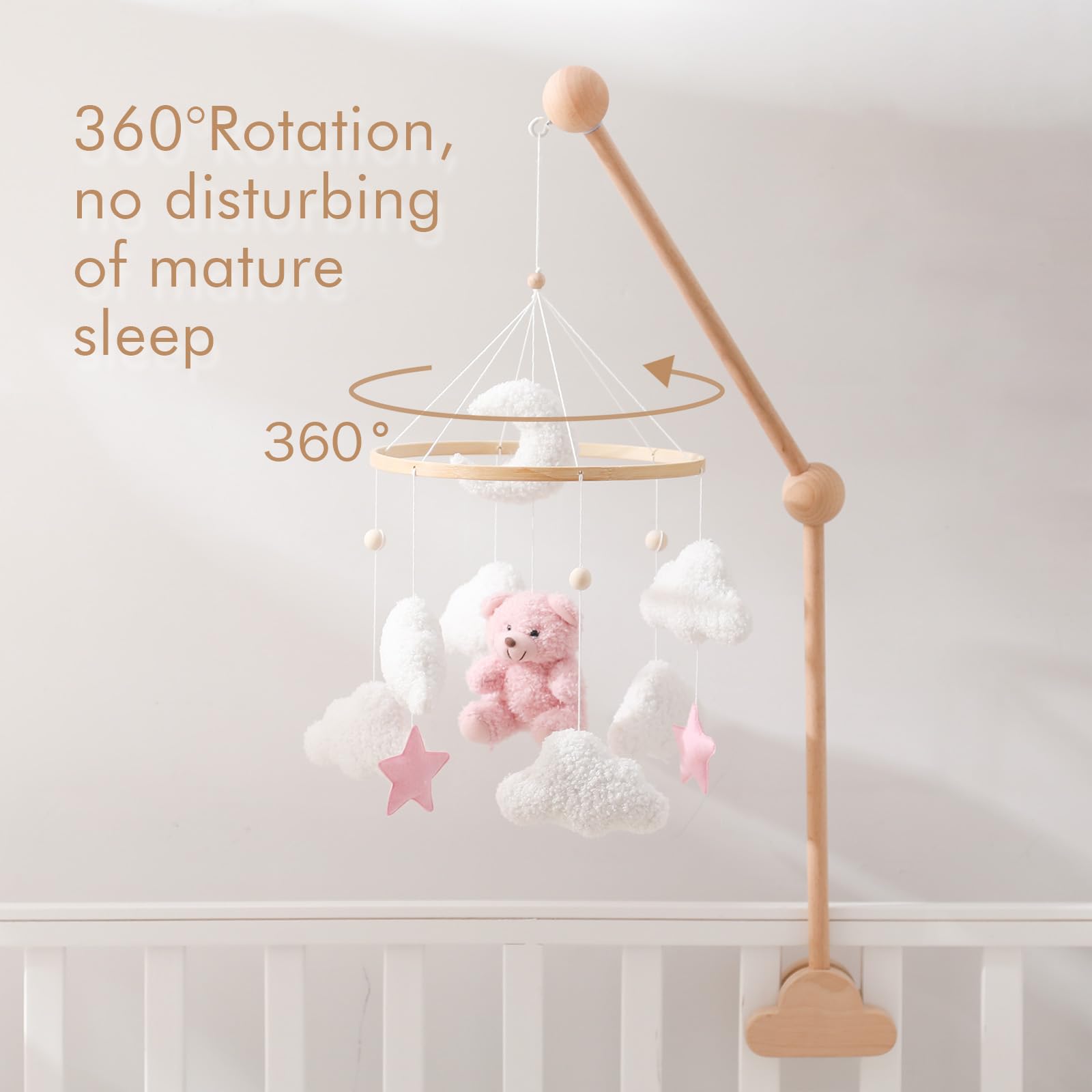 EERKEOD teddy velvet mobile, wooden arm detail showing sturdy hanging