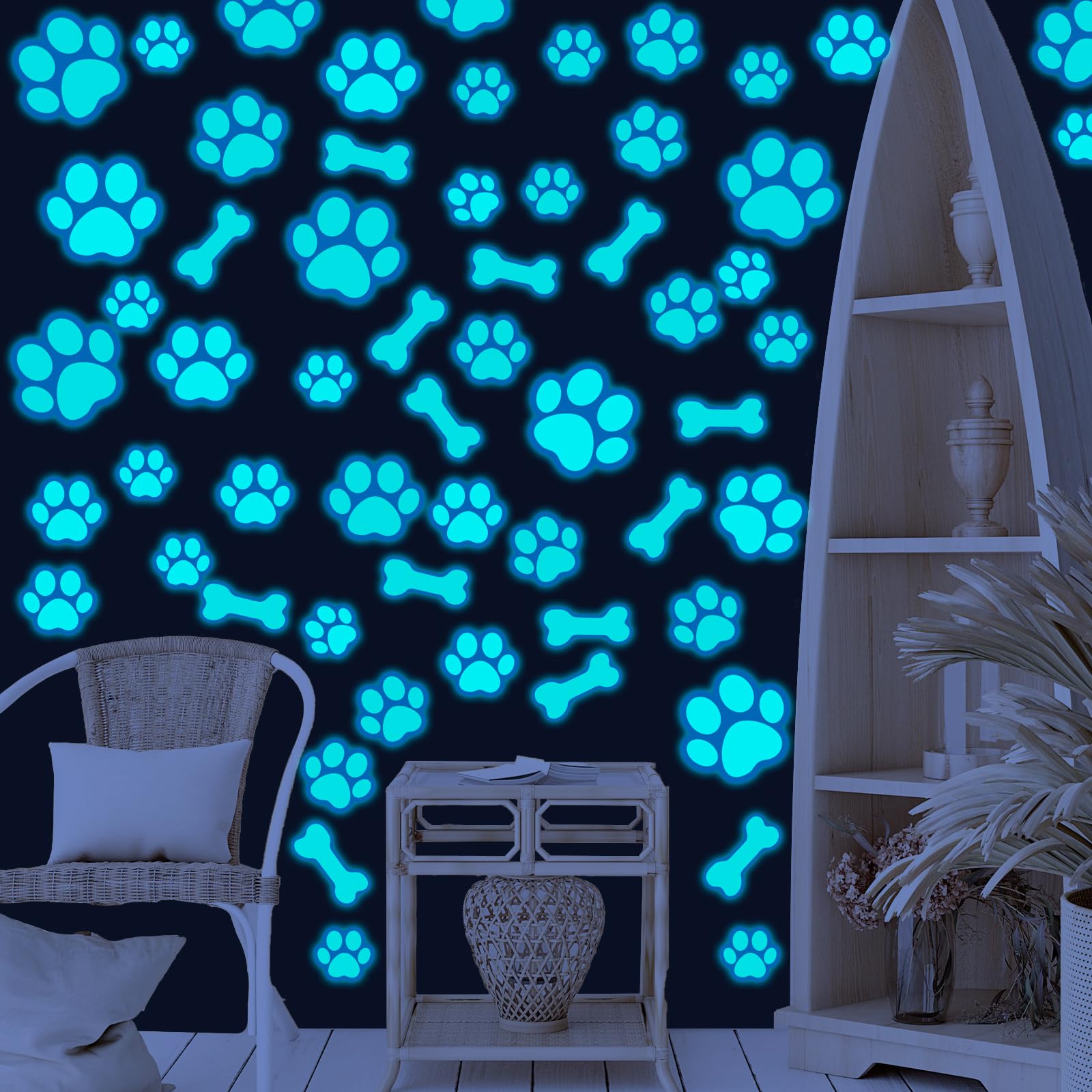 Eersida 127 glow dog paw stickers on-wall display glows in the dark