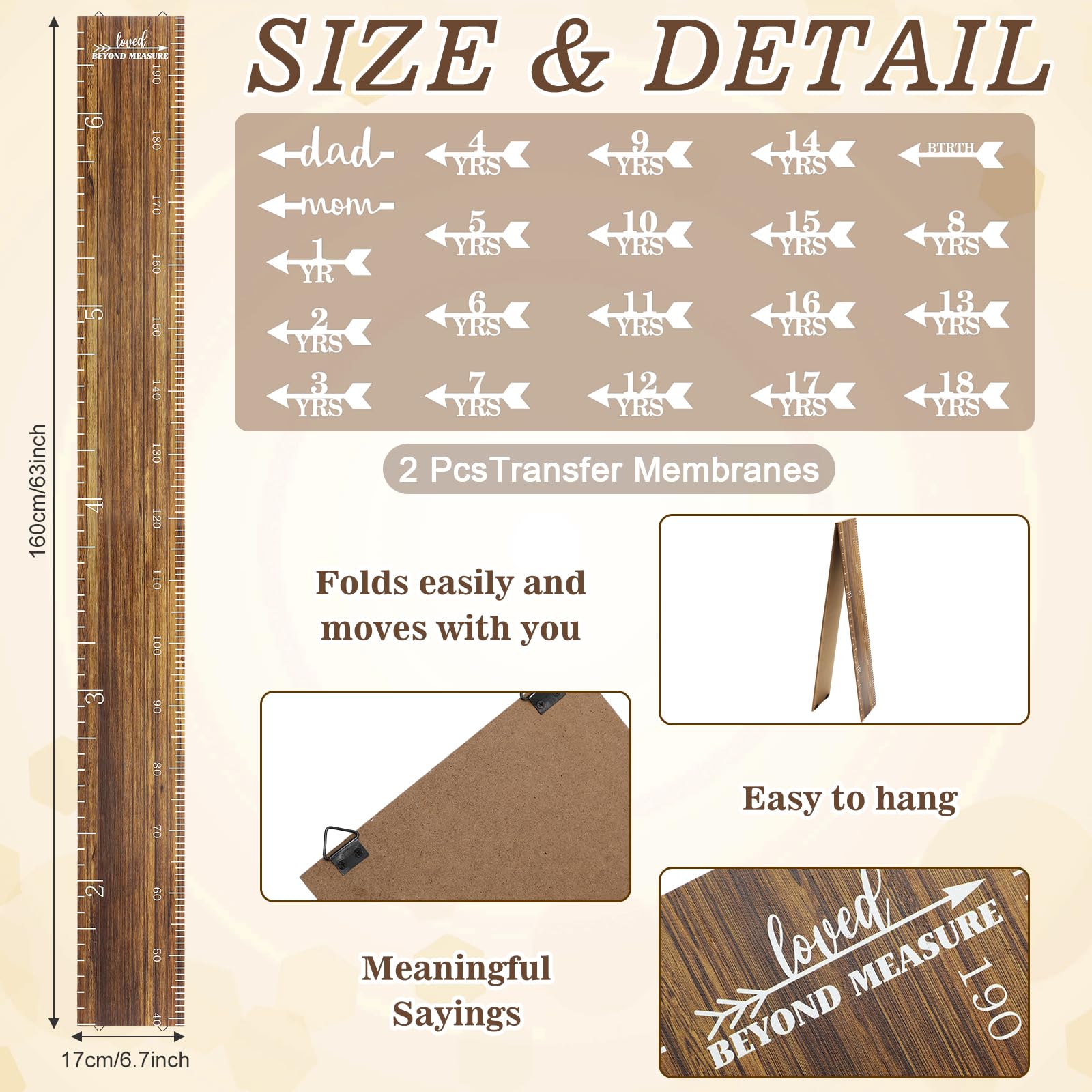Close-up of engraved measurements on the Eersida growth chart for clear readings.