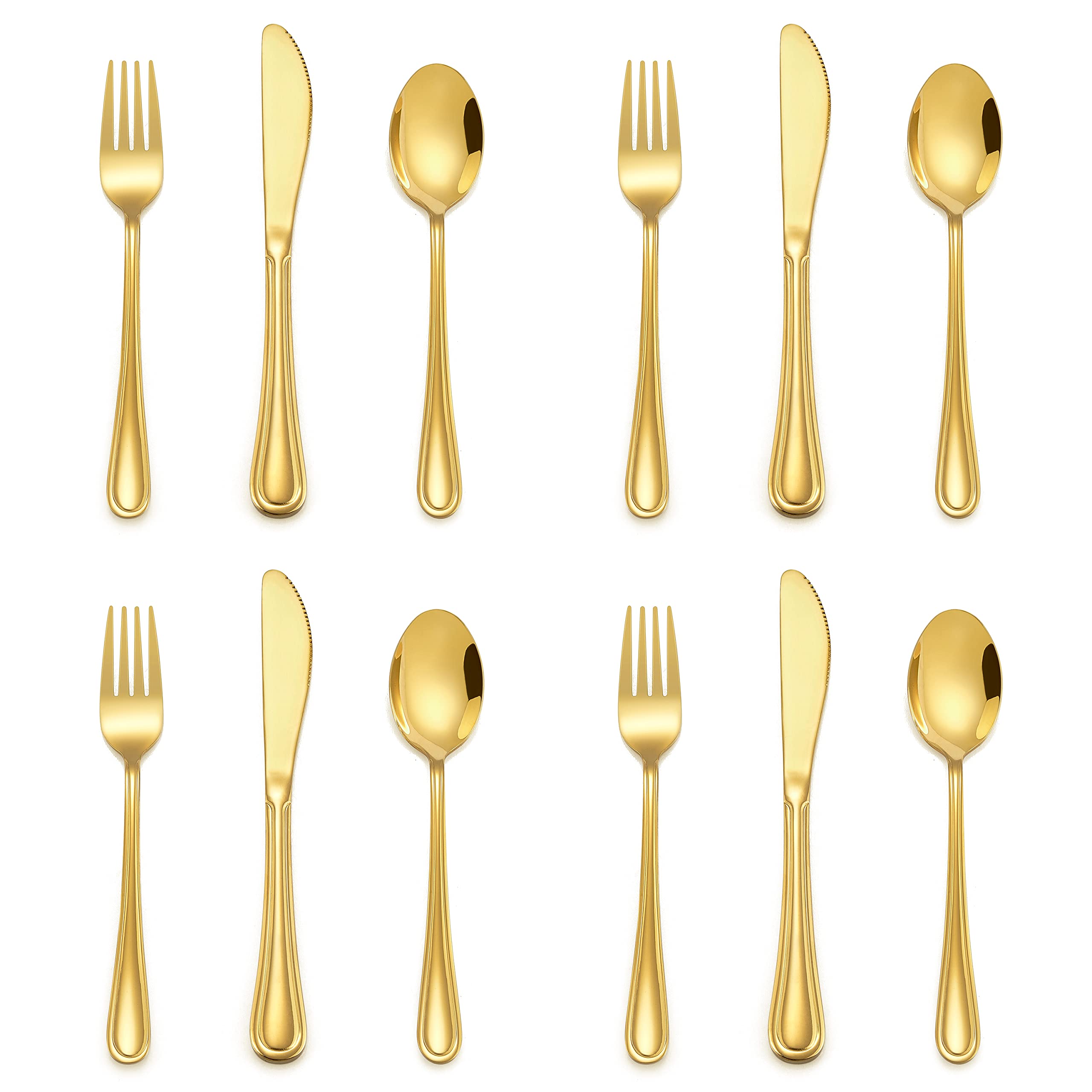 E-far 12-piece gold kids silverware with slimline design for easy grip during meals.
