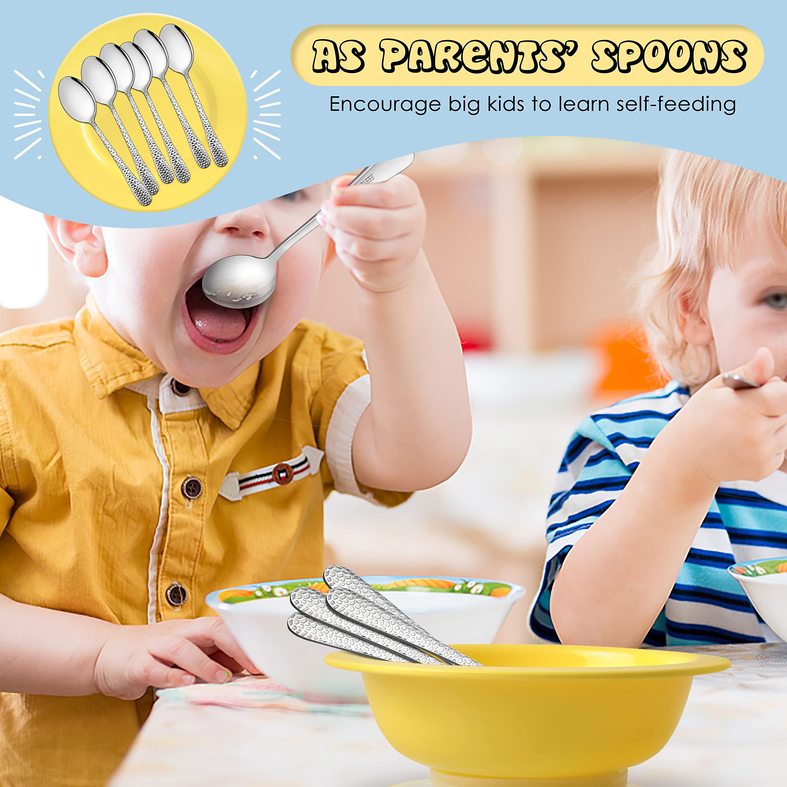E-far dishwasher-safe kids spoons shown in ready-to-keep packaging.