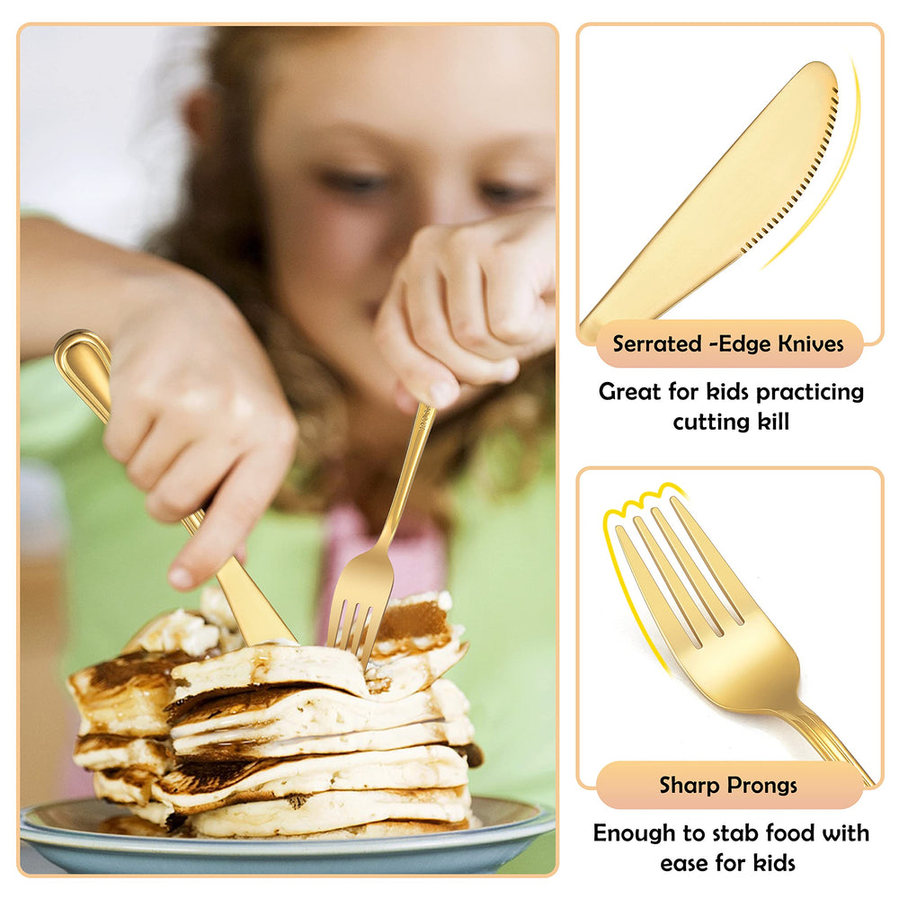 E-far gold-tone set appeals to children and encourages independent eating.