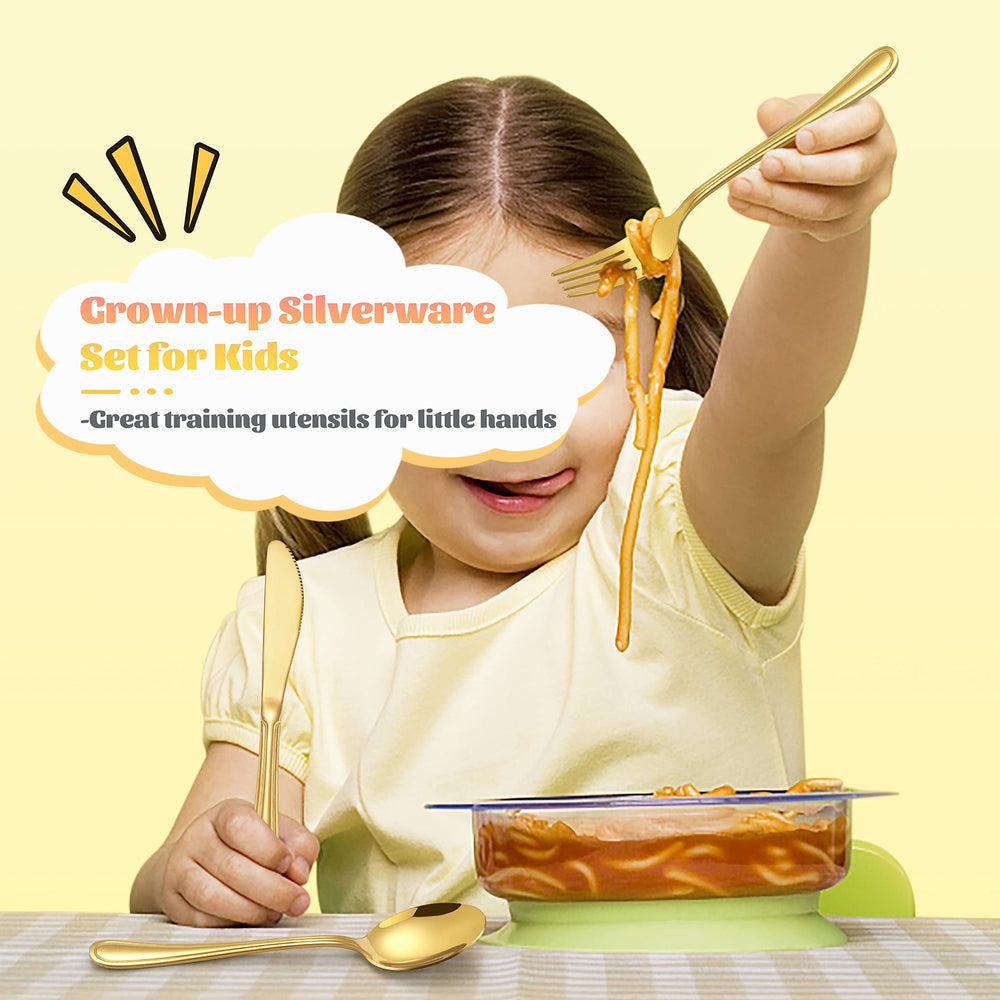 E-far gold kids silverware ergonomic grip aids small hands during family dinners.