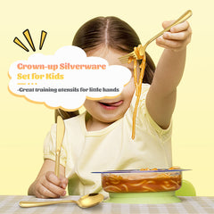 E-far gold kids silverware ergonomic grip aids small hands during family dinners.