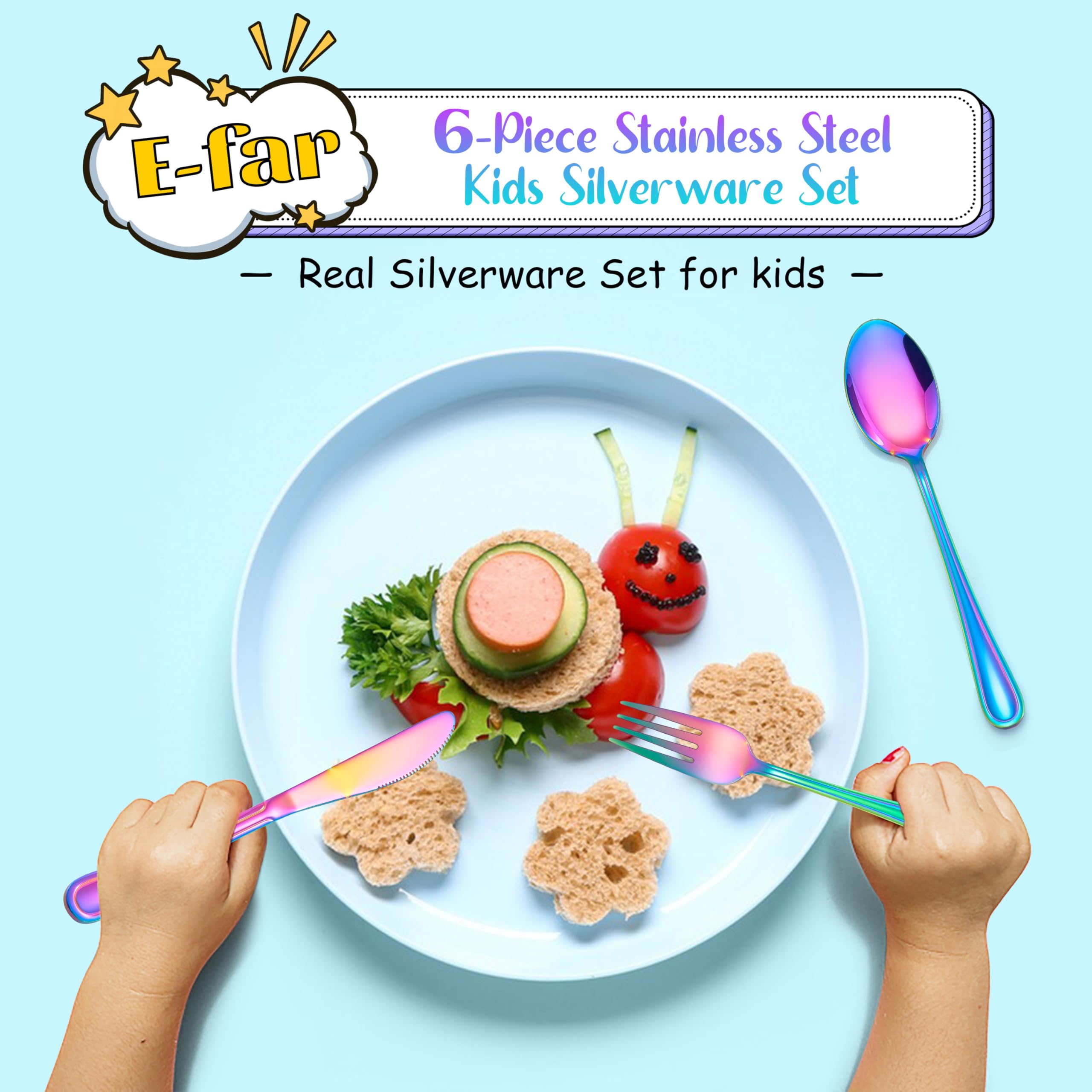 E-far Rainbow kids silverware dishware-friendly size fits lunch boxes.