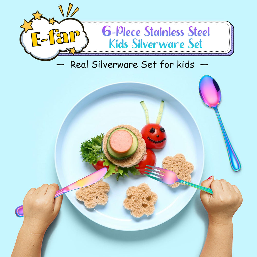 E-far Rainbow kids silverware dishware-friendly size fits lunch boxes.