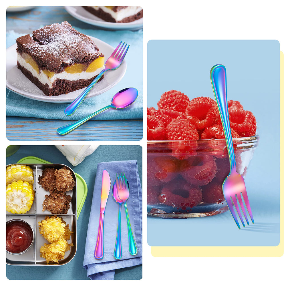 E-far Rainbow kids silverware easy-clean surface for quick cleanup.