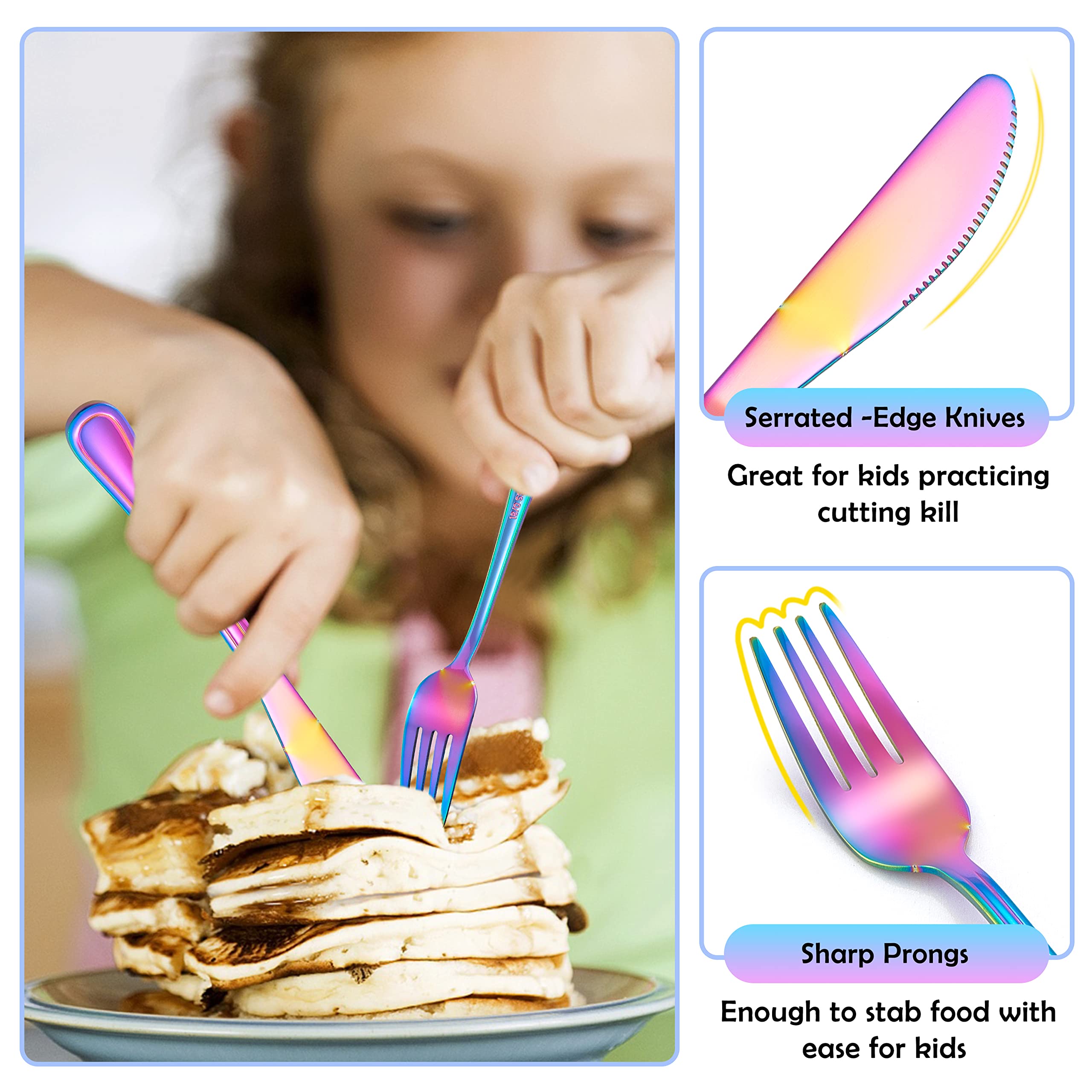 E-far Rainbow kids silverware rust-free mirror finish resists wear.