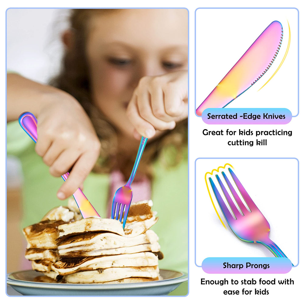 E-far Rainbow kids silverware rust-free mirror finish resists wear.