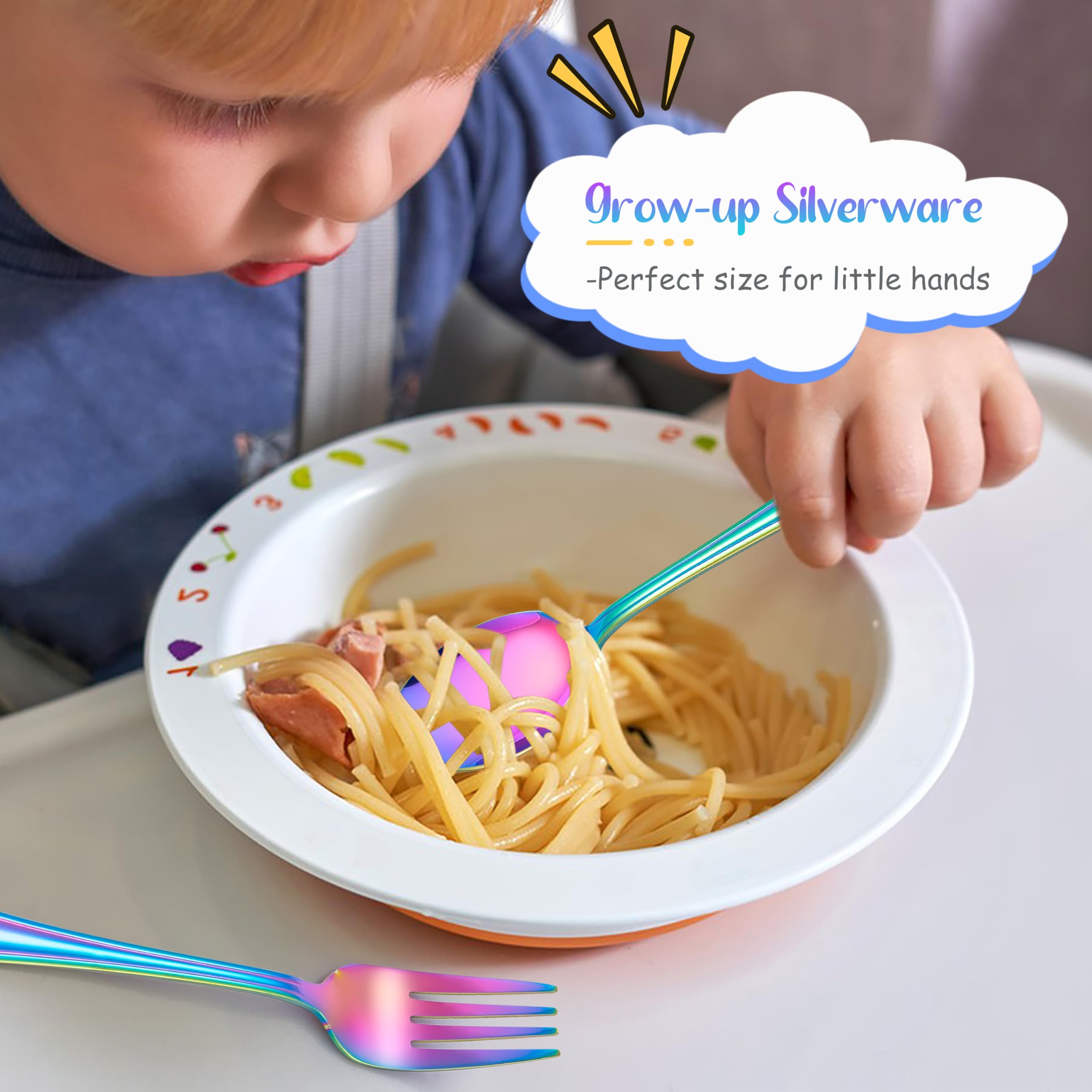 E-far Rainbow kids silverware safety tines support safe self-feeding.