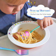 E-far Rainbow kids silverware safety tines support safe self-feeding.