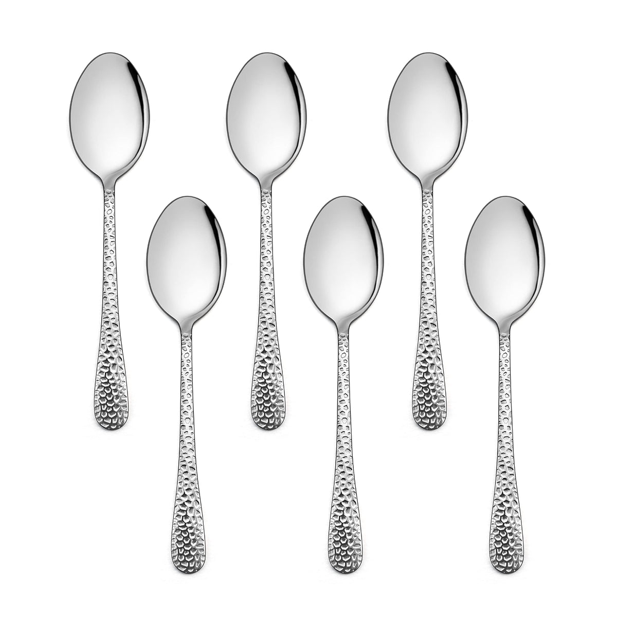 E-far stainless steel kids spoons 6-piece set front view highlights hammered handles for easy grip.