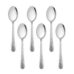 E-far stainless steel kids spoons 6-piece set front view highlights hammered handles for easy grip.