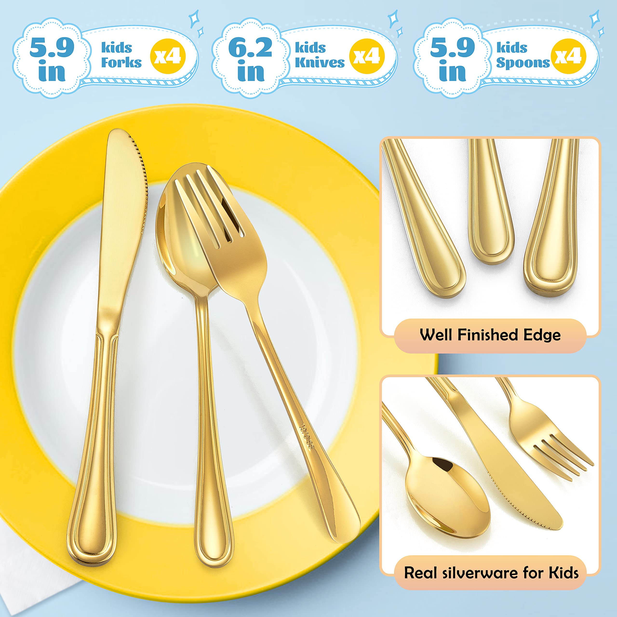 E-far stainless steel kids utensils resist rust for lasting daily use.