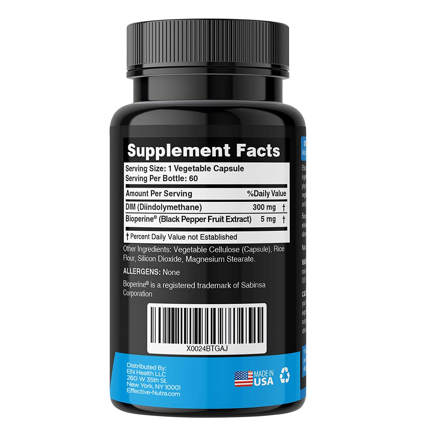 Effective Nutra DIM 300mg capsules closeup shows 300mg DIM and BioPerine for absorption.