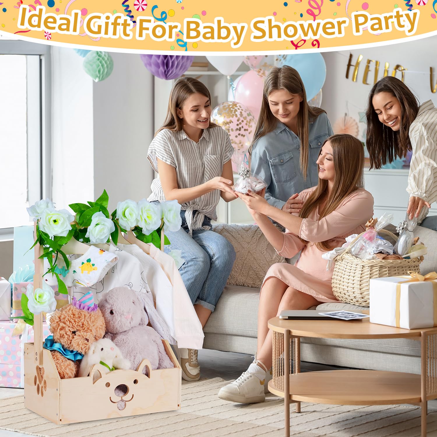 efluky wooden baby shower crate with handle, front view, sturdy carry for gifts